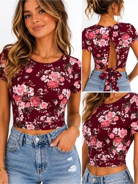 Brina & Em Burgundy Floral Tie Back Crop Top Size M Made in Canada
